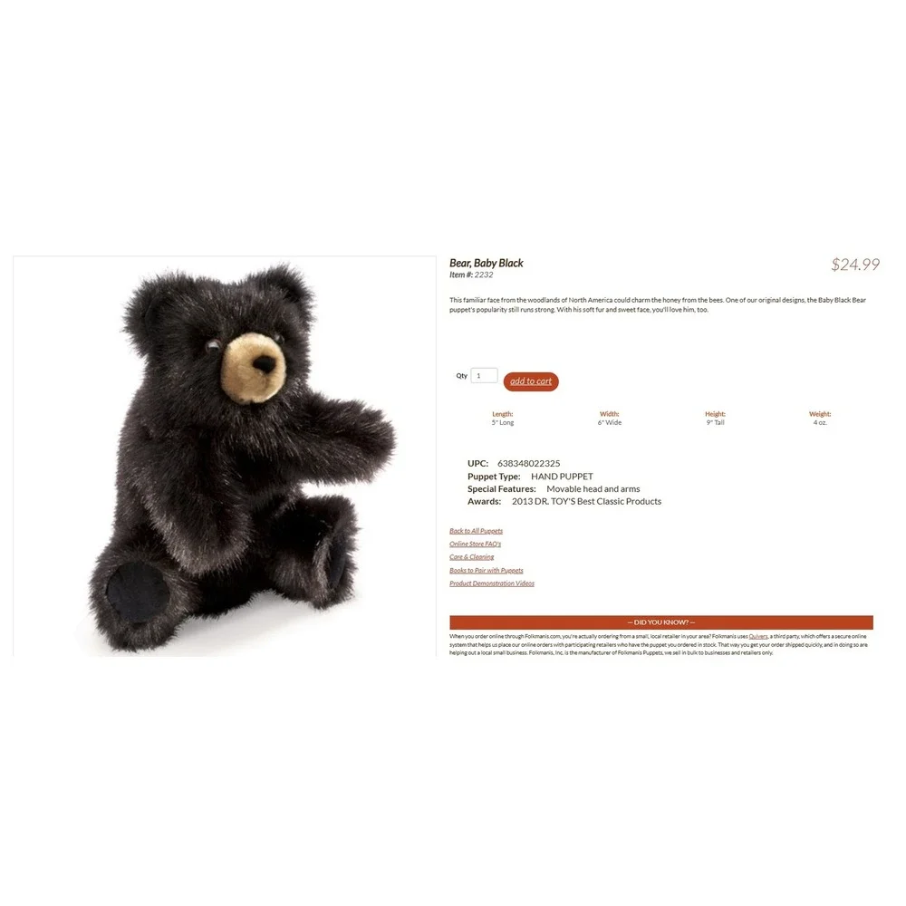 Folkmanis Baby Black Bear Hand Puppet Plush Black Brown Realistic 2232